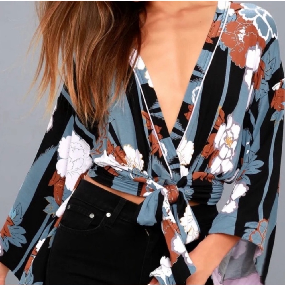 Free People Black Blue Rust Floral Tie-Front Blouse